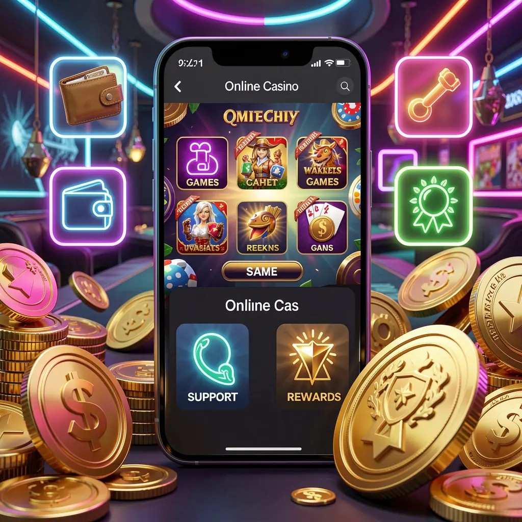 8990K online casino app features displayed on a smartphone surrounded by icons for wallet, games, support, and rewards with golden coins and neon lights in a luxury 3D render