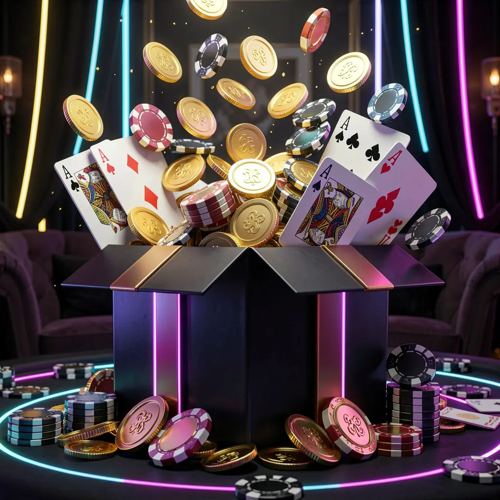 8990K online casino bonus gift box exploding with golden coins, poker chips, and playing cards against a dark luxury background with glowing neon accents
