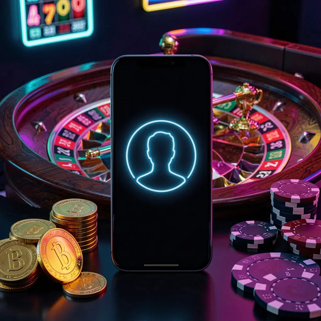 8990K online casino login hero image featuring a modern phone with a glowing profile icon, roulette lights in the background, golden coins and poker chips in a premium dark neon atmosphere