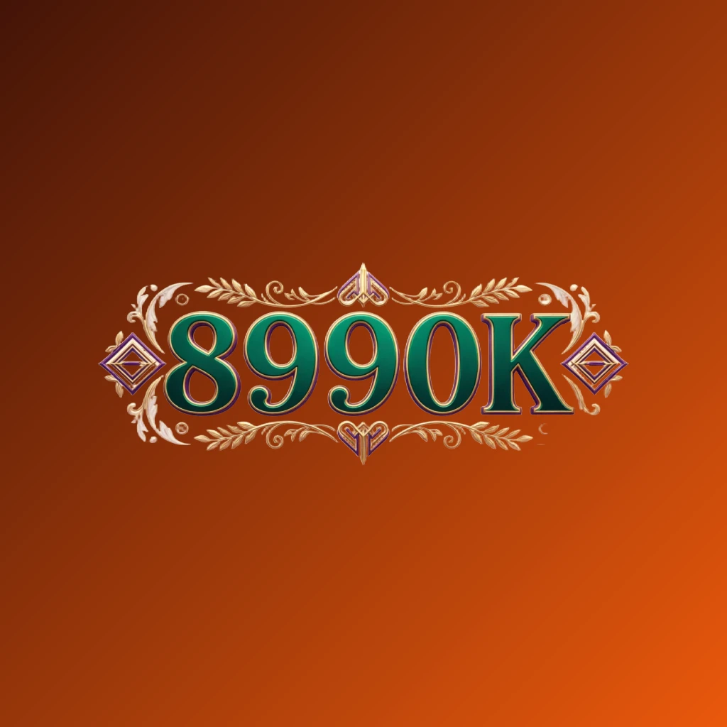 Luxury colorful 8990K logo featuring bold serif typography in rich emerald, violet, and gold with elegant glowing ornaments, designed as a premium brand identity on a transparent background