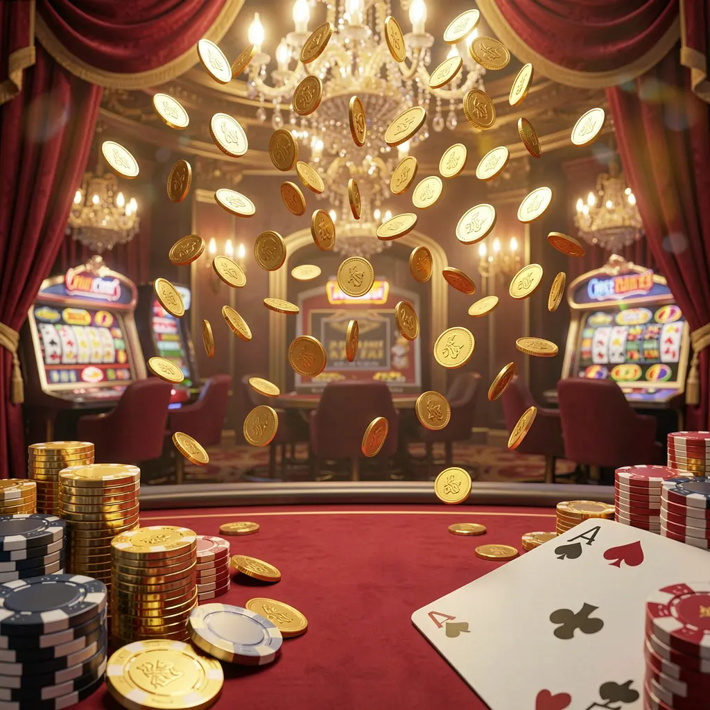 8990K online gaming platform homepage banner featuring bright casino lights, golden coins raining, poker chips and playing cards in the foreground with a luxury red and gold atmosphere in a high detail 3D render